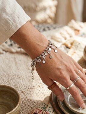 Boho Silver Fringe Shaker Bracelet - Clear Rhinestone & Disc Charms